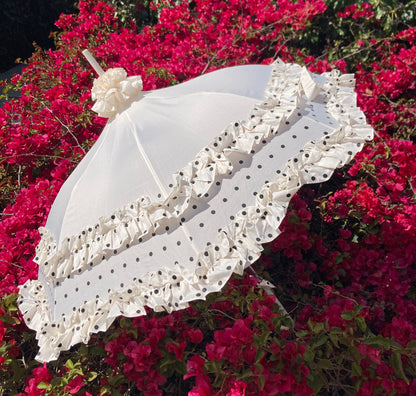 Double Frill Cream Umbrella with Polka Dots | Cream Ruffle Topper | Pagoda Shape