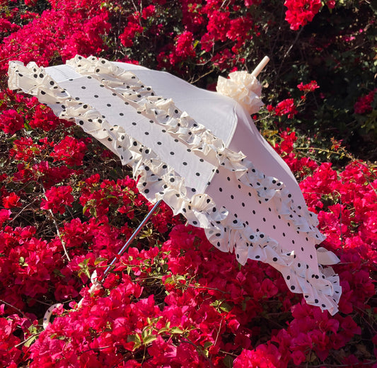 Double Frill Cream Umbrella with Polka Dots | Cream Ruffle Topper | Pagoda Shape