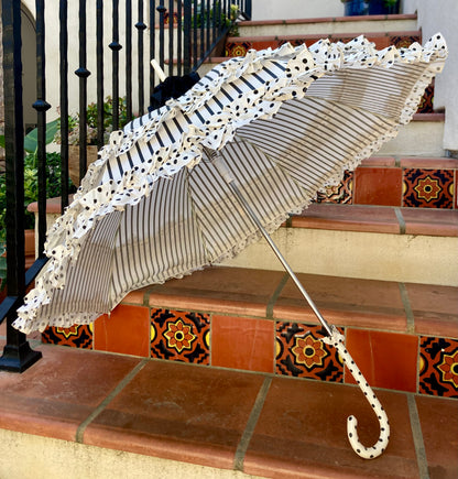 Stripes and Dots Double Frill Umbrella | Cream Black Polka Dots Topper | Auto Open