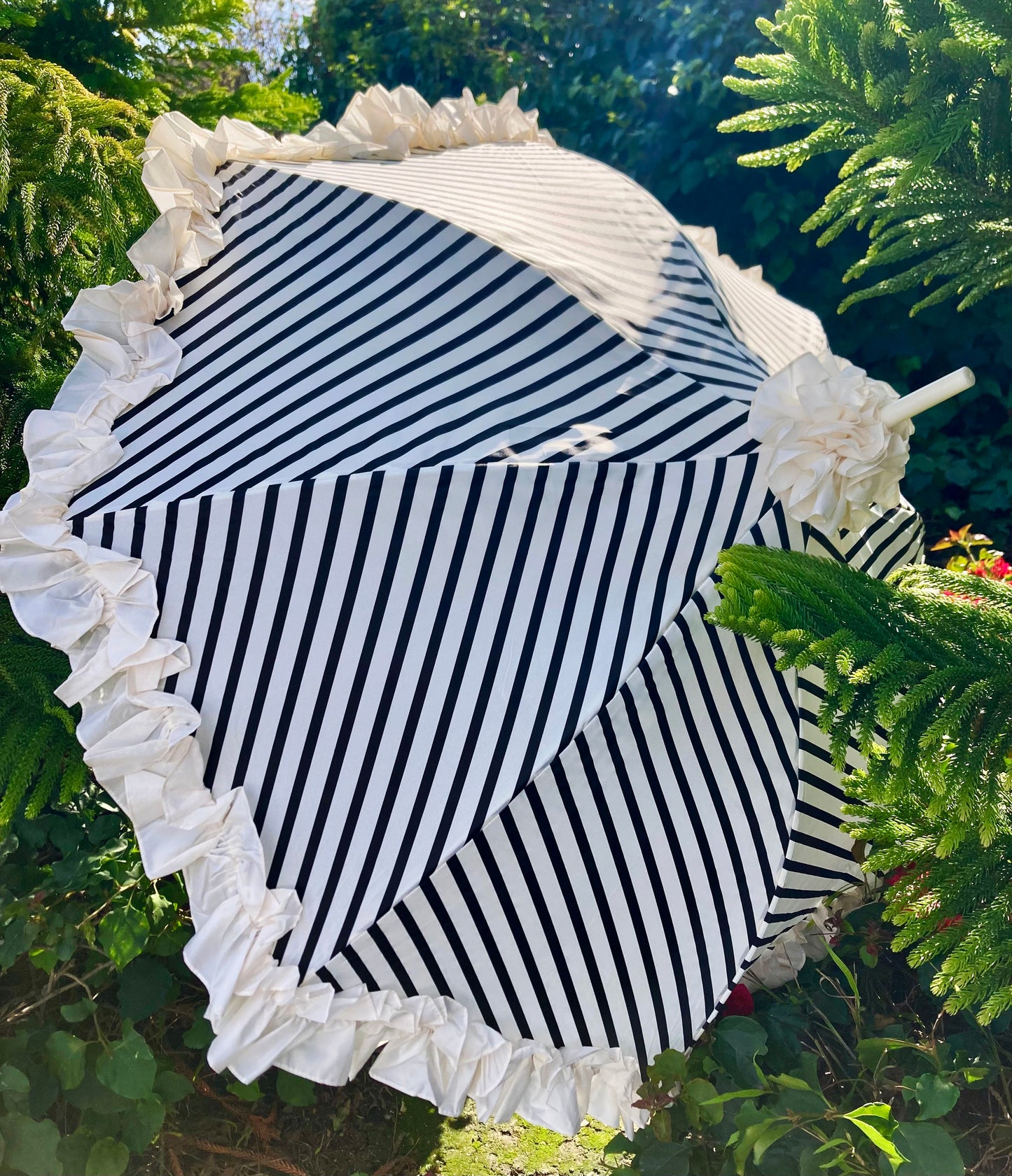 Stripes and Ruffles Umbrella | Cream Ruffle Topper | Fabric Cover Handle