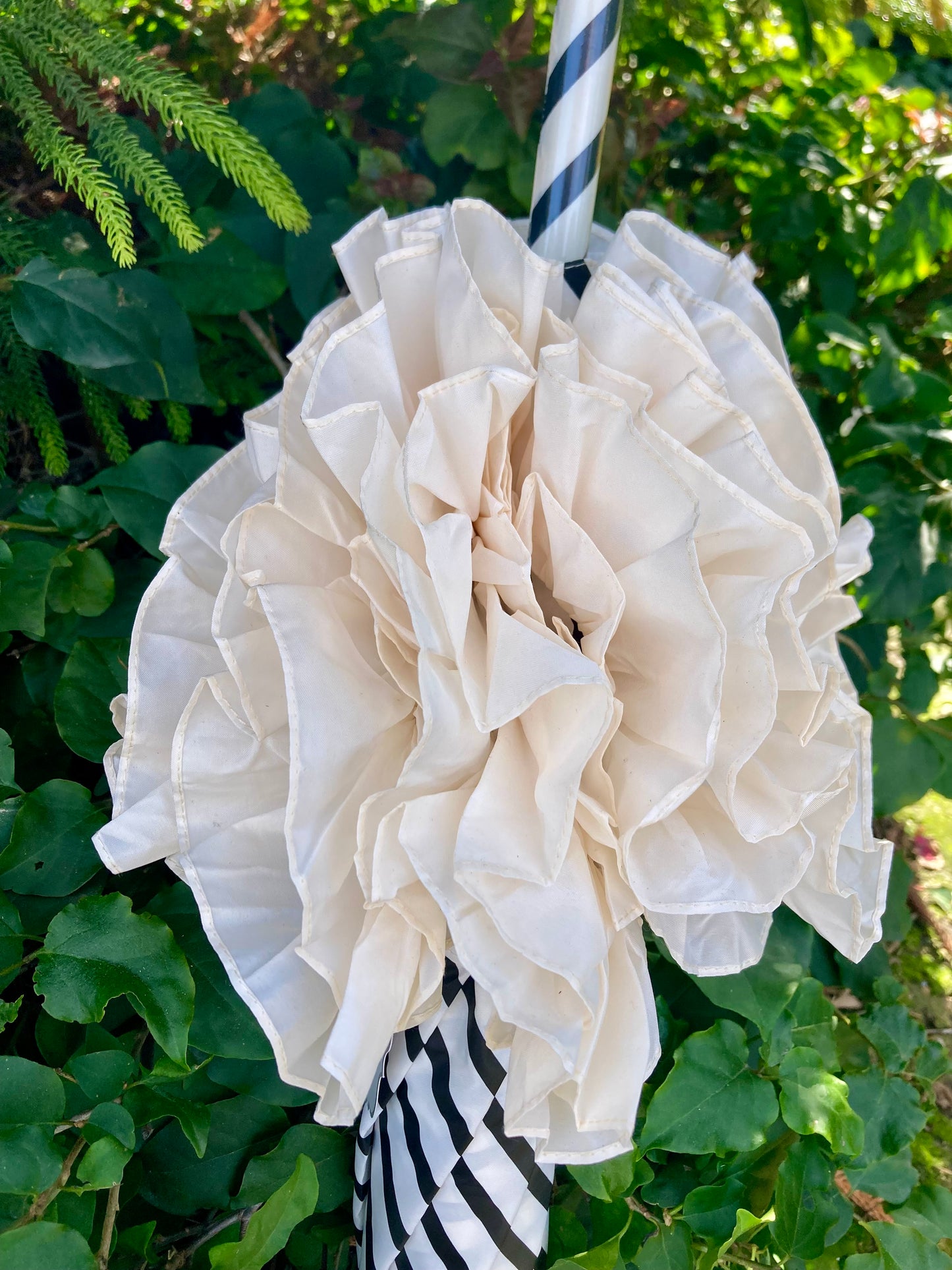 Stripes and Ruffles Umbrella | Cream Ruffle Topper | Fabric Cover Handle