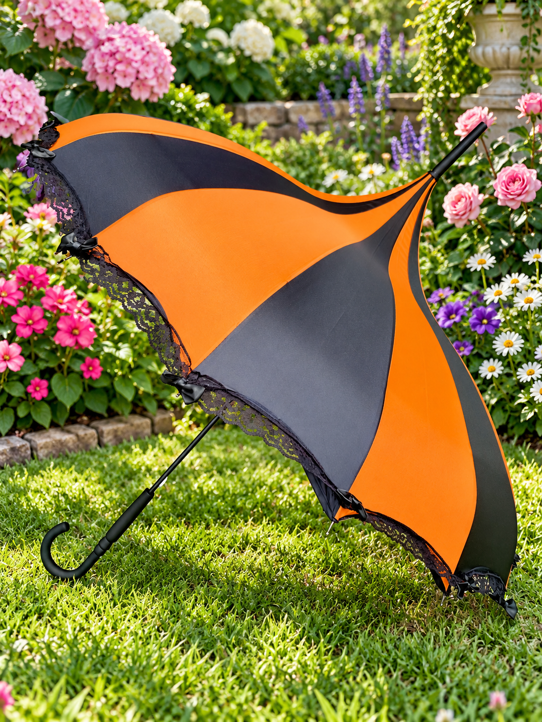 Ariane Orange and Black Pagoda Umbrella | Ribbons and Lace Trim | Stylish Handle