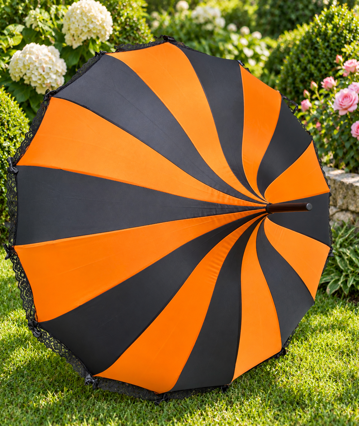 Ariane Orange and Black Pagoda Umbrella | Ribbons and Lace Trim | Stylish Handle