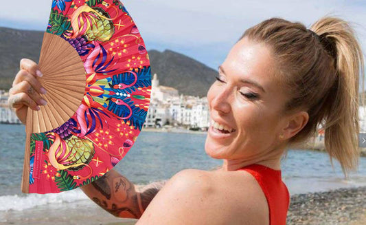 Pink Flamingo Red Backdrop Hand Fan | Made in Spain | Catalina Estrada