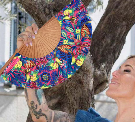 Macaw Parrots Pink Hand Fan | Cherry Wood | Made in Spain