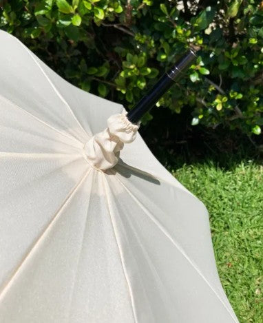 Large 3 Row Frill Cream Umbrella | Tassel and Leather Handle | Auto Open
