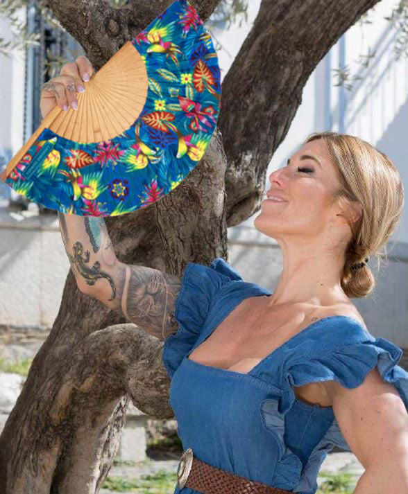 Teal Macaws Parrots Hand Fan | Made in Spain | Cherry Wood And Fabric