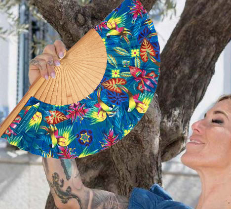 Teal Macaws Parrots Hand Fan | Made in Spain | Cherry Wood And Fabric