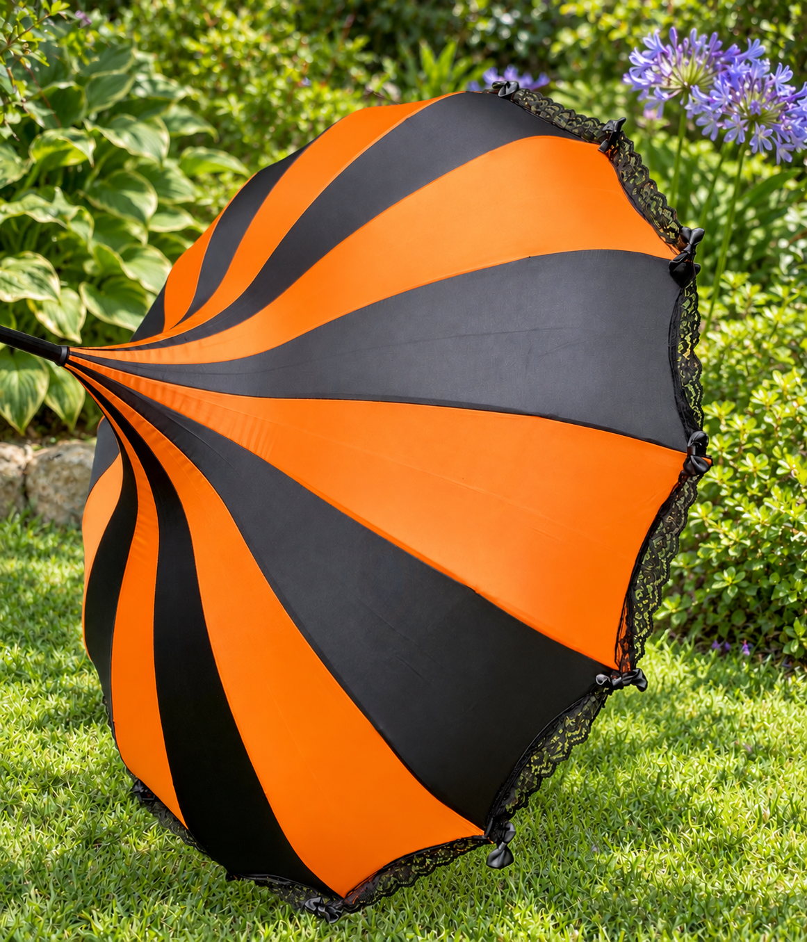 Ariane Orange and Black Pagoda Umbrella | Ribbons and Lace Trim | Stylish Handle