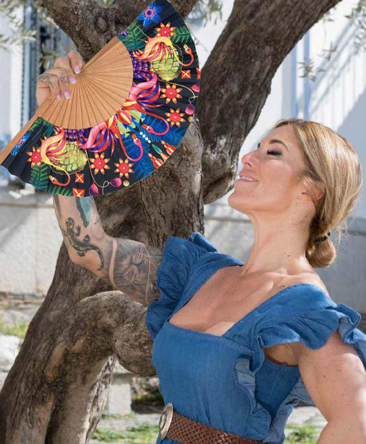 Black Flamingo Hand Fan | Catalina Estrada | Fabric and Cherry Wood