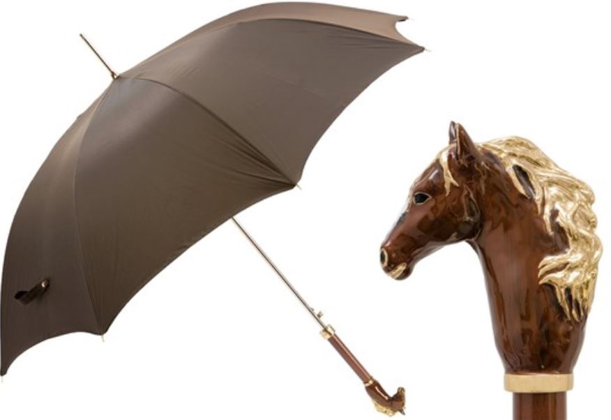 Paraguas de lujo con diseño de caballo marrón de Pasotti | Mango de latón | Envío gratuito
