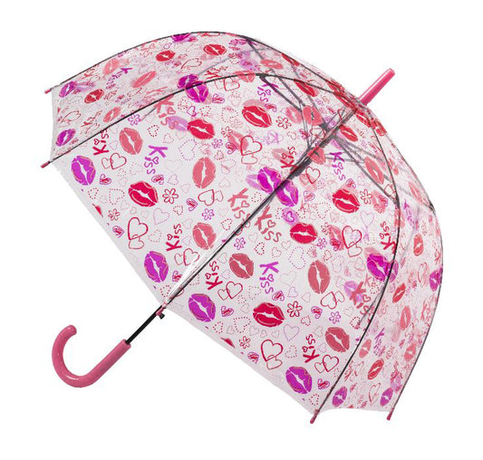 Lips and Kisses Clear Bubble Umbrella | Deep Dome Pink Red Purple Print