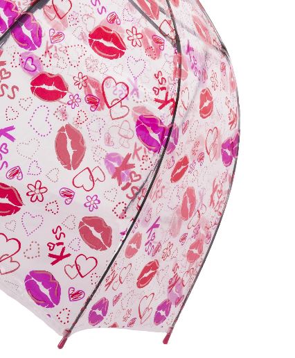 Paraguas de burbuja transparente Lips and Kisses | Cúpula profunda con estampado rosa, rojo y morado