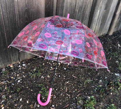 Lips and Kisses Clear Bubble Umbrella | Deep Dome Pink Red Purple Print
