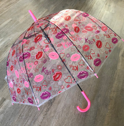 Lips and Kisses Clear Bubble Umbrella | Deep Dome Pink Red Purple Print