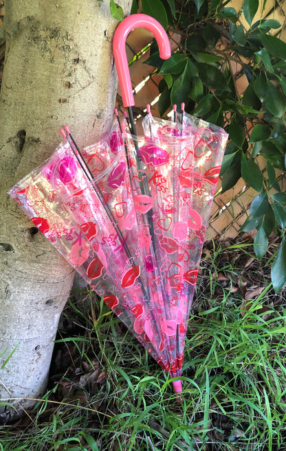 Lips and Kisses Clear Bubble Umbrella | Deep Dome Pink Red Purple Print