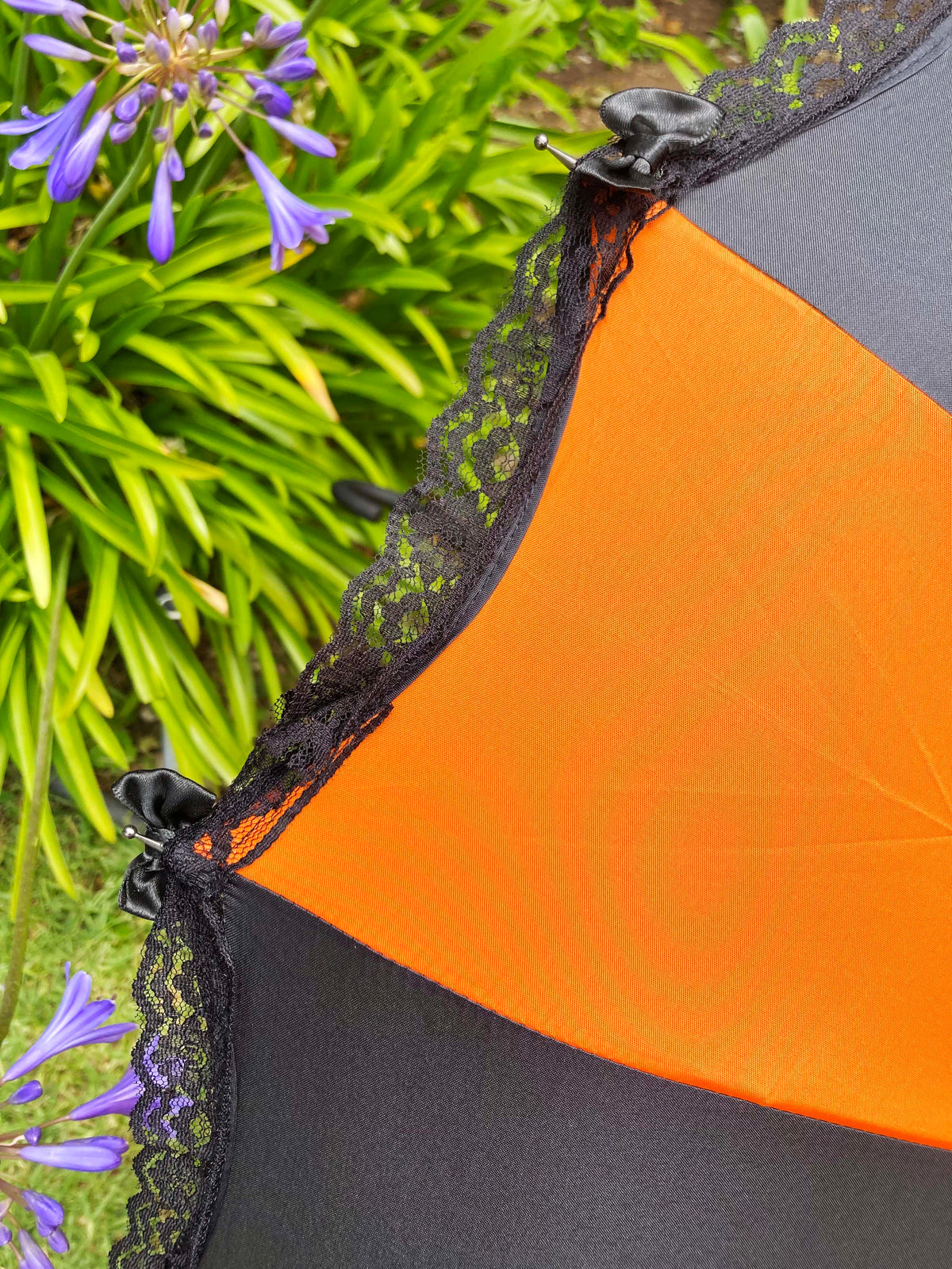 Ariane Orange and Black Pagoda Umbrella | Ribbons and Lace Trim | Stylish Handle