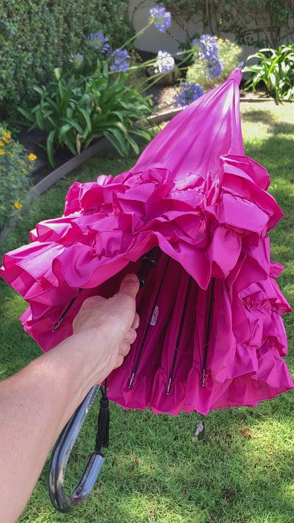 Paraguas rosa con volantes | Cúpula grande con 3 filas de volantes rosas