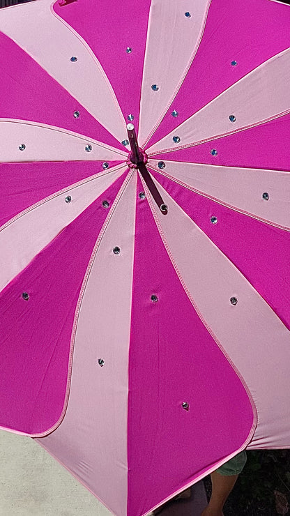 Pink Swirl Umbrella With Large Clear Rhinestones | Handmade for Rain and Sun protection