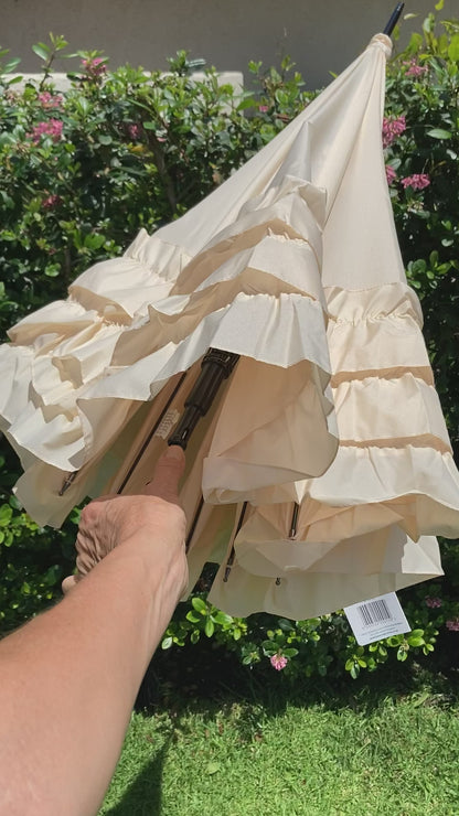 Large 3 Row Frill Cream Umbrella | Tassel and Leather Handle | Auto Open