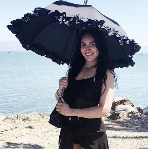Black Ruffle Lady Pagoda | Retro Style | Dome Shaped Umbrella/Parasol | Waterproof
